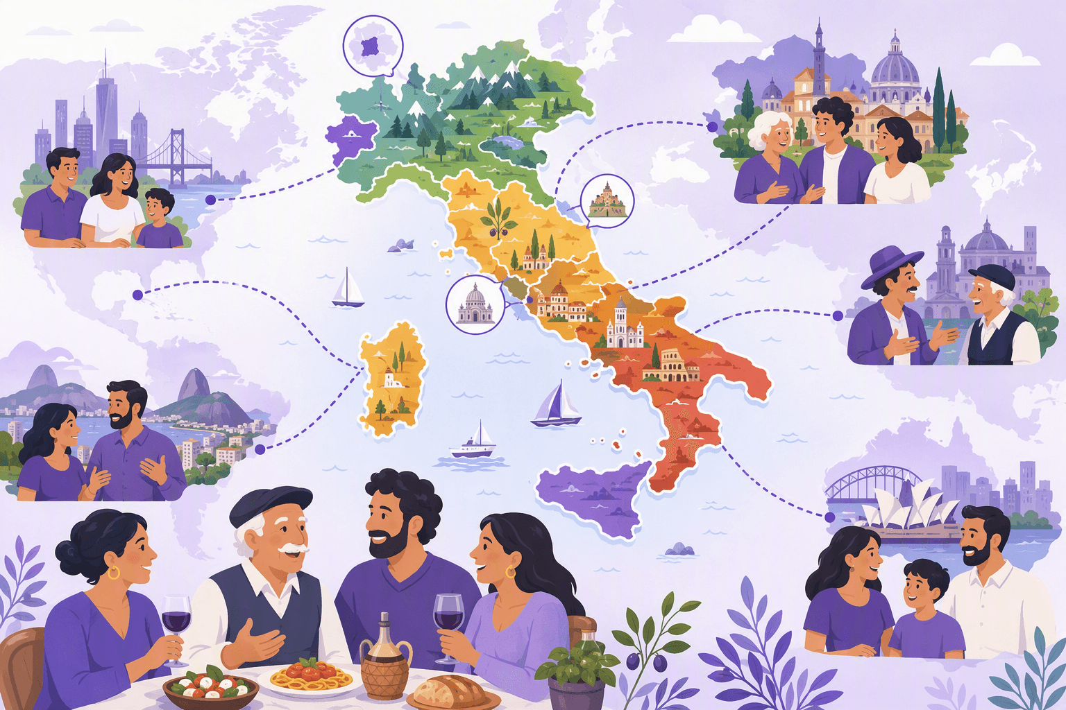 Stylized map showing Italy with regional color differences, highlighted San Marino, Vatican City, and Italian-speaking Switzerland, plus dotted connections to Italian-speaking diaspora communities across Europe, the Americas, and Australia.