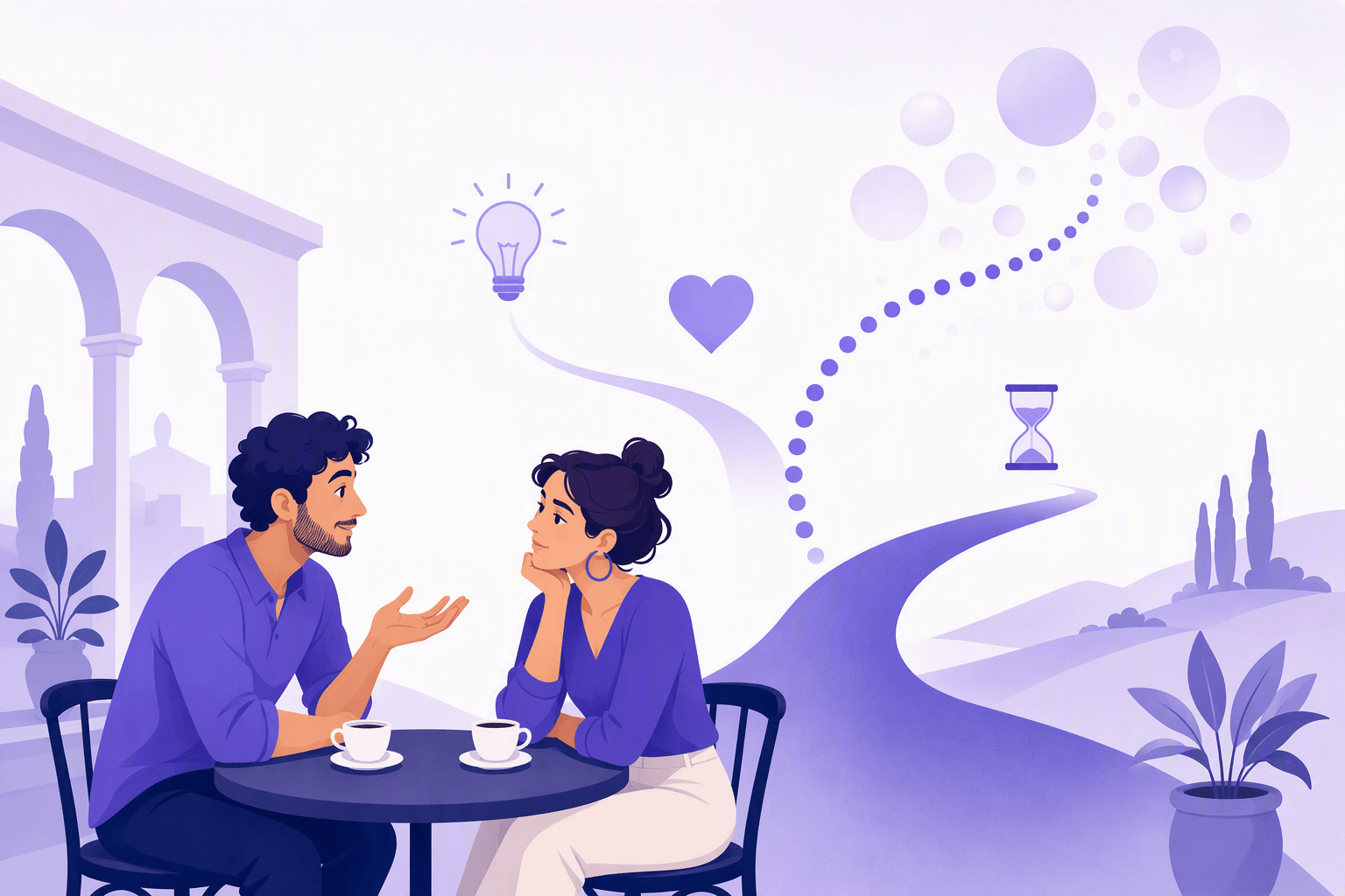 Two people talking over espresso in Italy while one road splits into a solid path and a dotted, uncertain path, illustrating the choice between indicative facts and subjunctive possibility