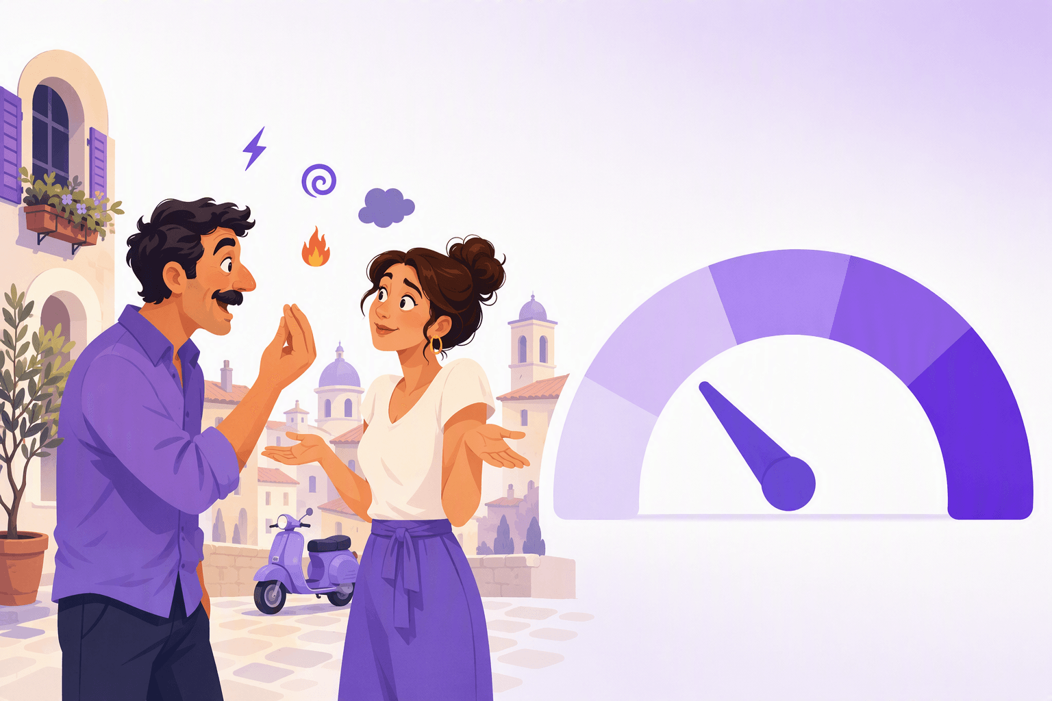Two Italians talking with expressive hand gestures next to a dial that shifts from soft lavender to deep violet, showing how Italian swearing ranges from mild to severe