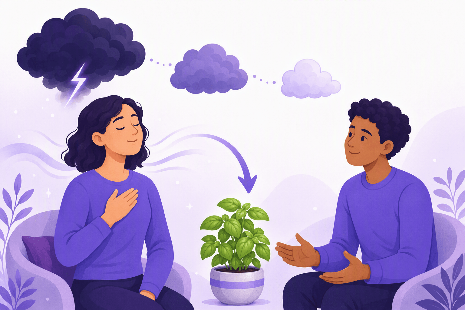 A speaker breathing out calmly while a dark storm cloud shrinks into a small pale cloud, illustrating how Italians swap taboo words for softer ones