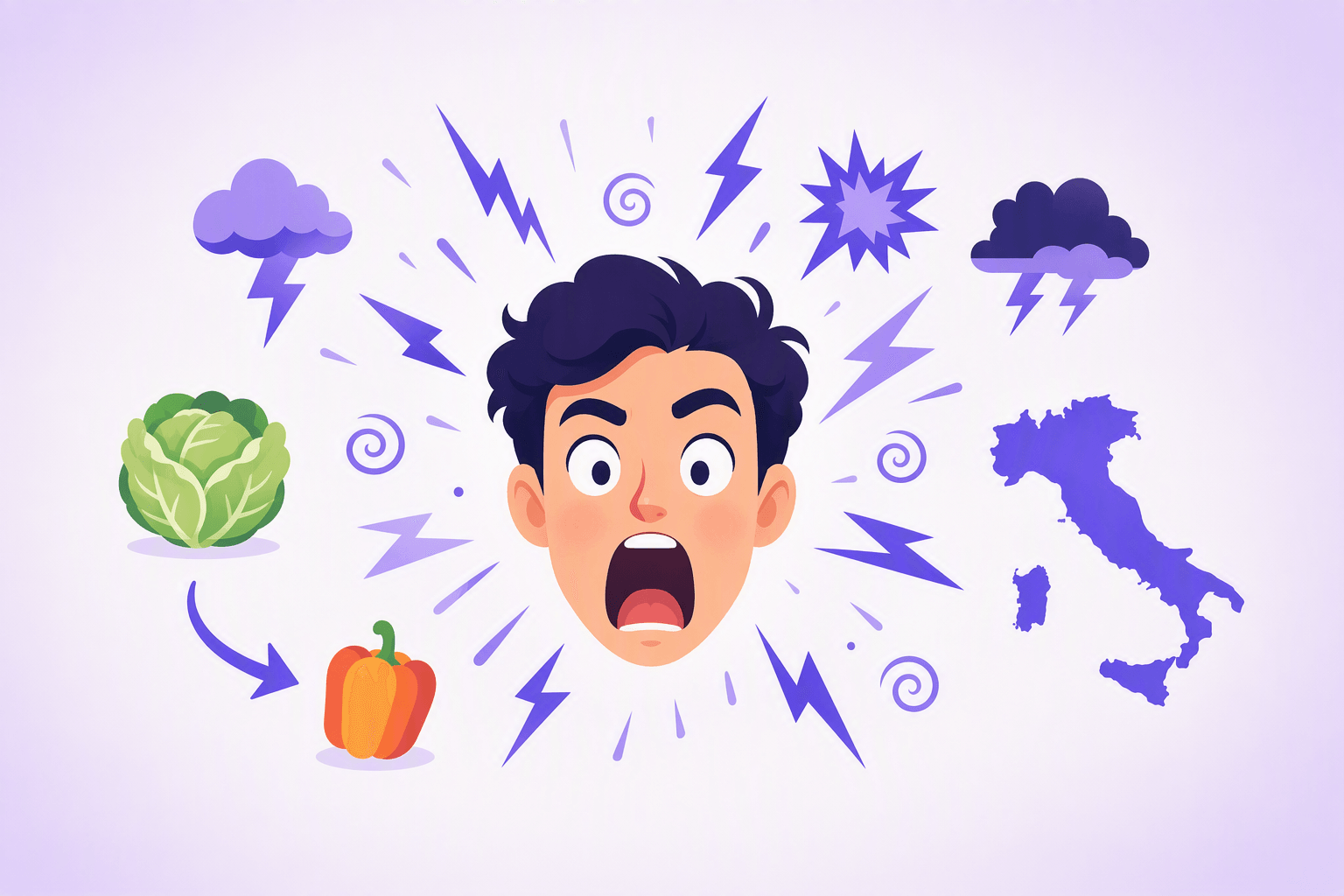 Startled face surrounded by lightning bolts and storm icons, with a cabbage and a pepper as harmless substitutes beside a silhouette of Italy