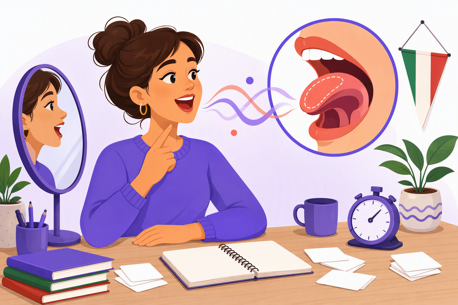 Flat-vector illustration of a learner practicing Italian pronunciation at a desk beside a mouth diagram, swirling sound ribbons, an Italian tricolor pennant, a mirror, a stopwatch, and blank study cards.