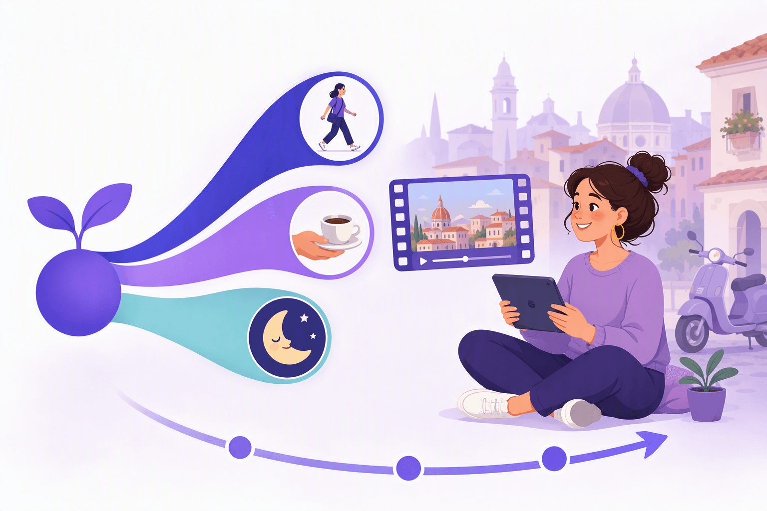 Three ribbons branching from one sprout, each carrying an everyday Italian verb icon, next to a learner watching a film clip in front of Italian rooftops