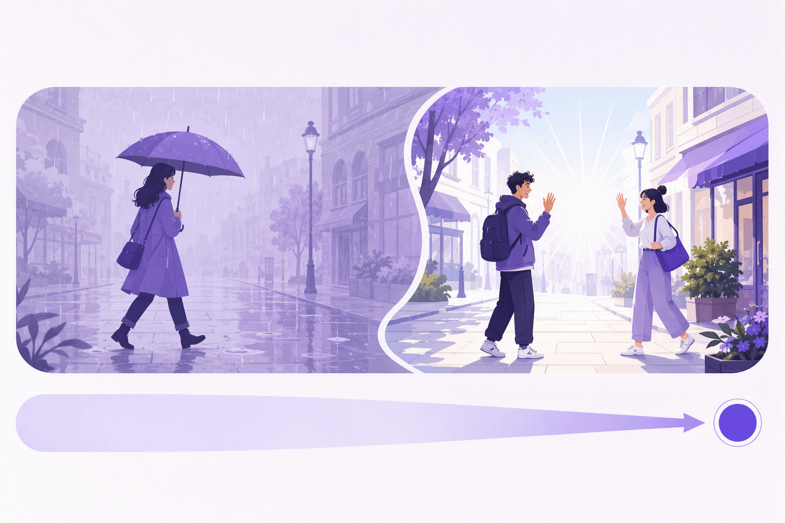 A washed-out rainy street with a person walking, next to a crisp bright moment where two friends meet, above an arrow that widens into a single sharp marker