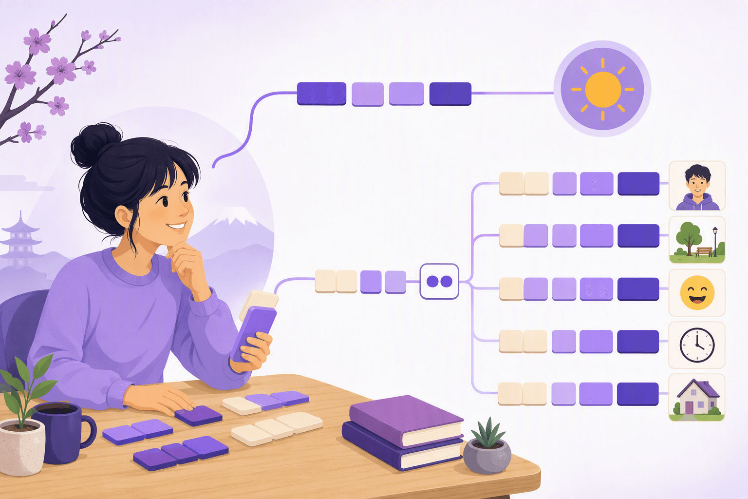 Flat-vector illustration of a learner studying two color-coded adjective pattern pathways with visual tiles for people, places, feelings, time, and everyday situations arranged in several grammatical forms.