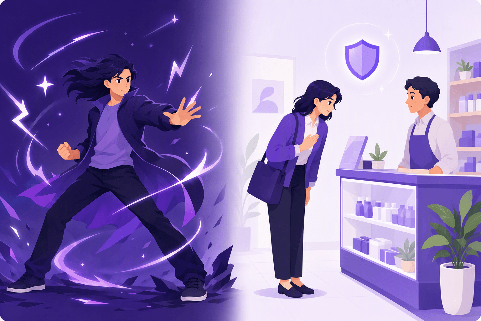 Illustrazione divisa che contrappone il linguaggio degli anime al giapponese reale: a sinistra un personaggio drammatico in un'ampia posa d'azione circondato da scintille e fulmini, a destra la stessa persona che si inchina cortesemente a un negoziante oltre un bancone sotto una piccola icona a scudo