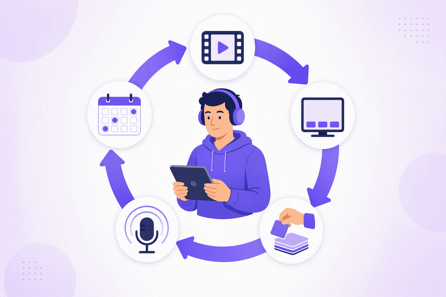 Un ciclo circolare in cinque fasi di una routine di studio giapponese basata su clip: una clip video, uno schermo con barre di sottotitoli vuote, una mano che solleva una scheda da una piccola pila, un microfono con onde sonore, e un calendario con alcuni giorni segnati, con uno studente con le cuffie al centro