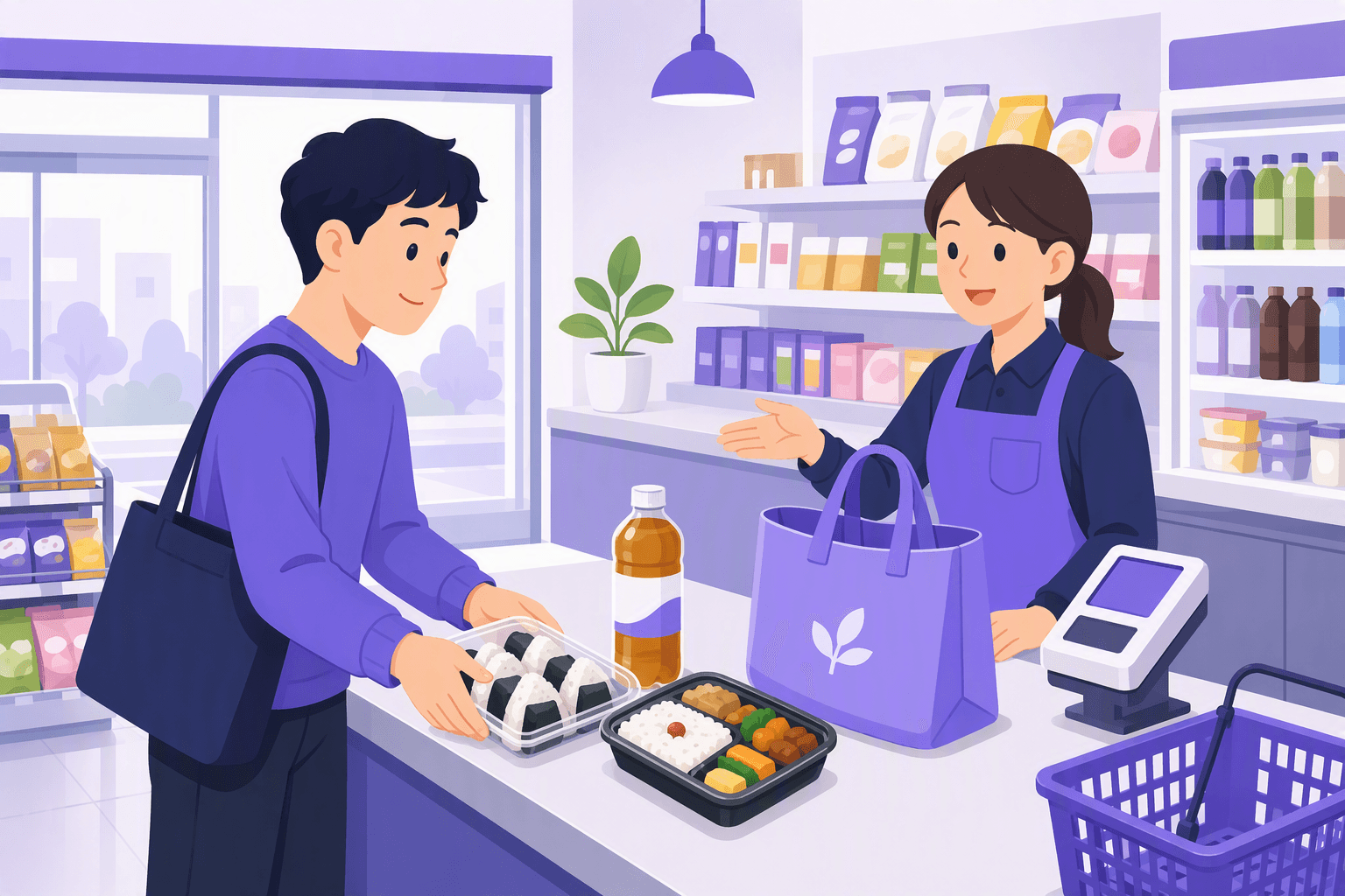 A customer buys convenience-store food and drinks as a cashier gestures toward a reusable bag and payment terminal in a brightly stocked Japanese convenience store.