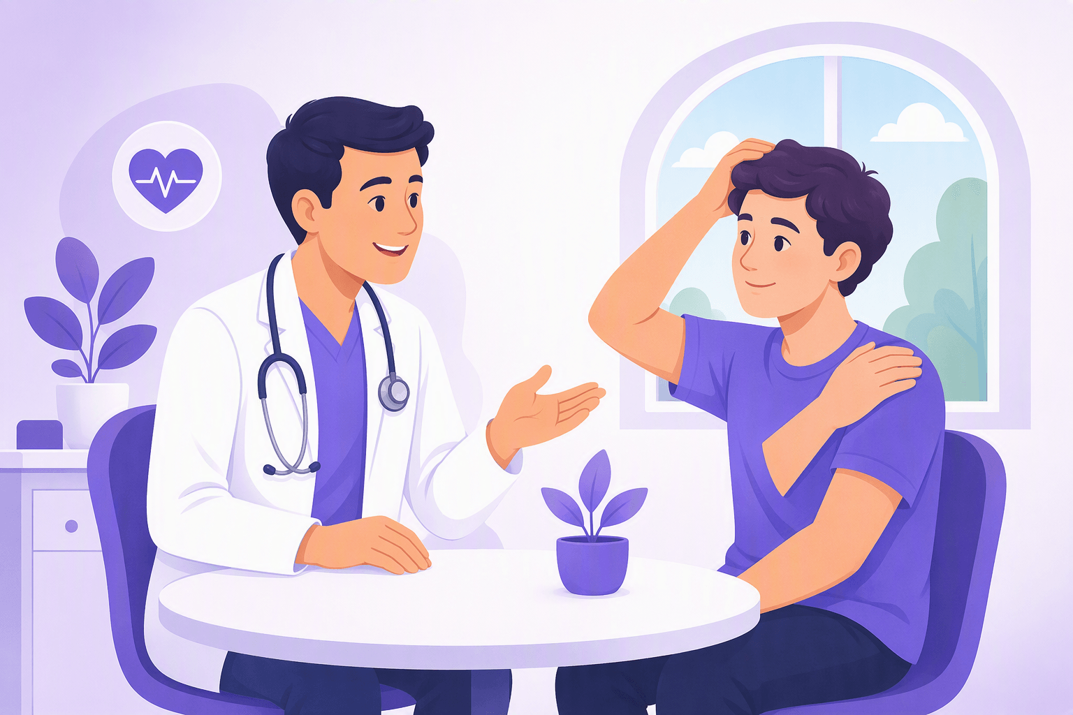 Patient in a clinic pointing to their own head and shoulder while a doctor with a stethoscope listens