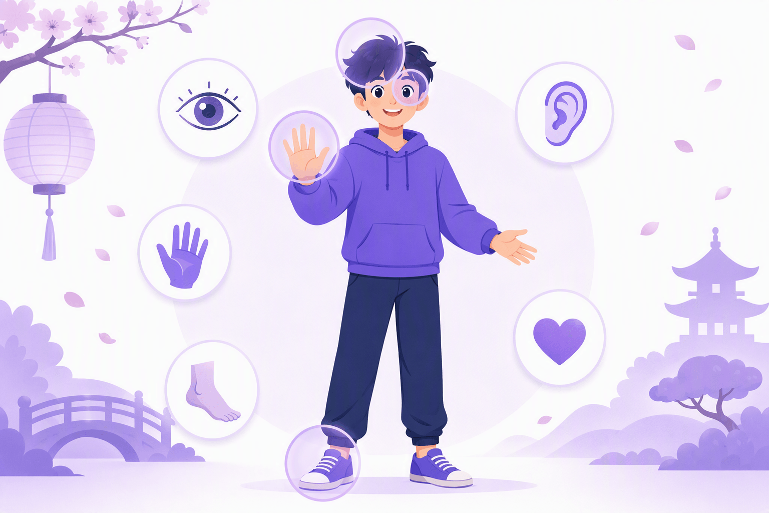 Illustrated character with the Japanese words for head, eye, hand and foot highlighted on the body, surrounded by simple eye, ear, hand, foot and heart icons