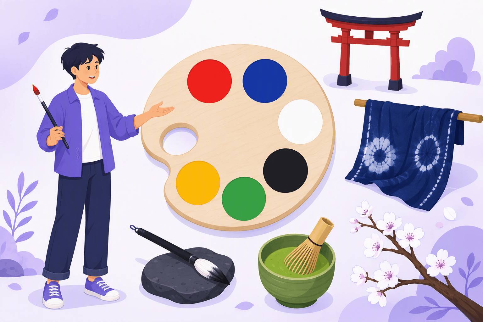 A painter's palette with red, blue, white, black, green and yellow swatches surrounded by a red torii gate, indigo-dyed cloth, a calligraphy brush, a matcha bowl and cherry blossoms