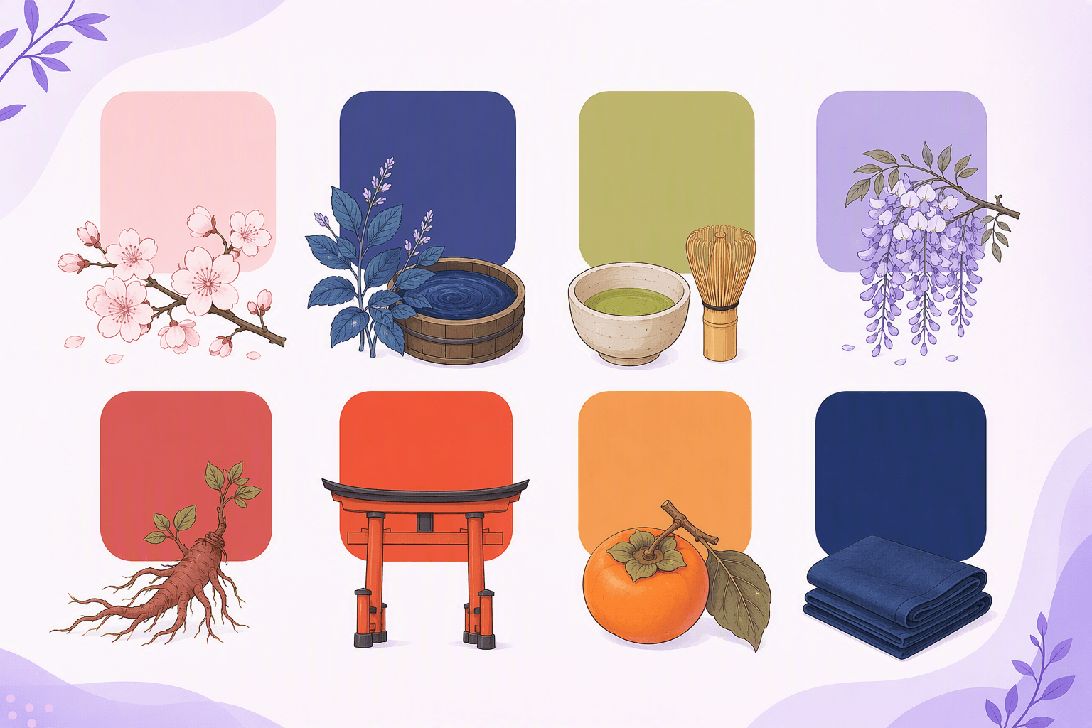 Eight traditional Japanese colour chips paired with their natural sources: cherry blossom pink, indigo dye vat, matcha green, wisteria purple, madder red, vermillion torii, persimmon orange and navy folded cloth