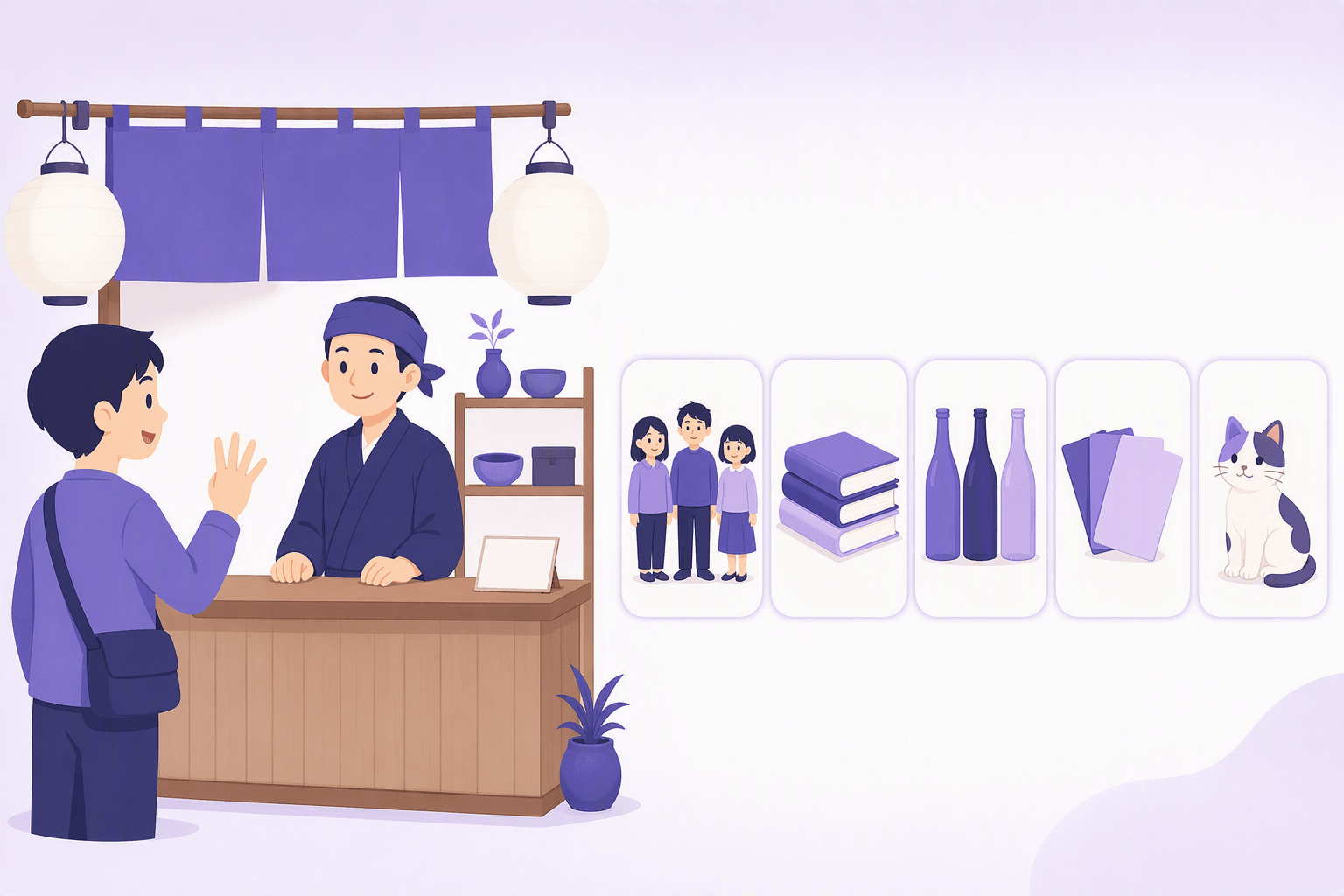 A shopper holding up fingers to count while a shopkeeper listens, next to panels showing groups of people, books, bottles, flat sheets and a cat