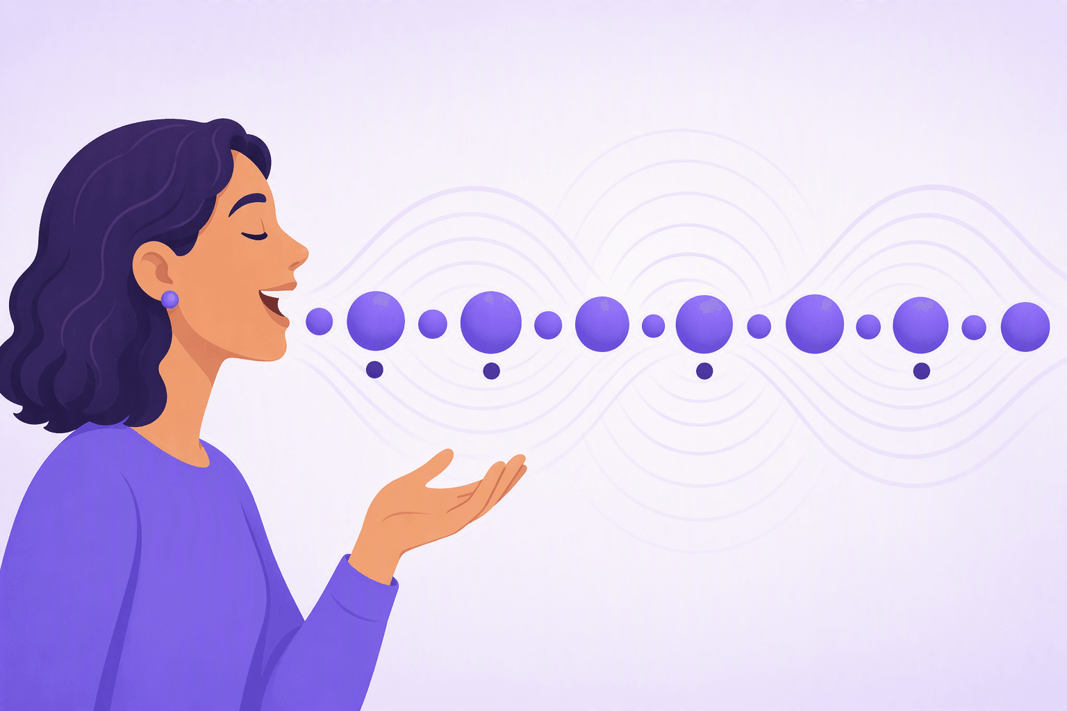 A speaking profile emitting a row of round beads of different sizes, with small solid dots marking the clipped extra beat, over soft sound waves