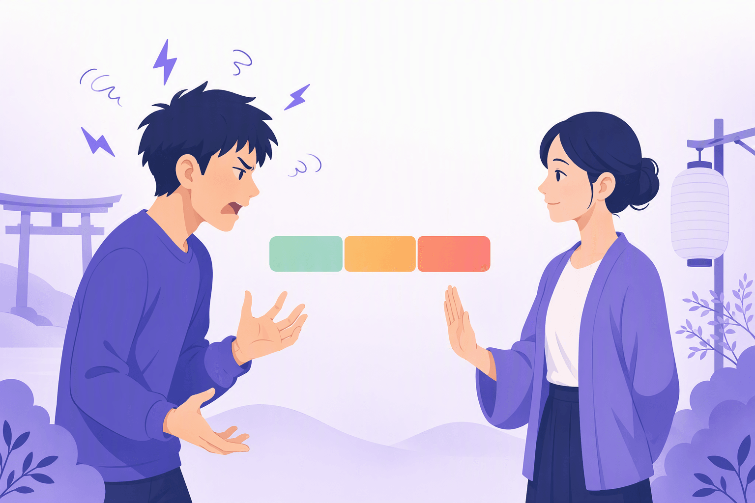 Ilustração de um falante frustrado e um ouvinte calmo frente a frente, com um medidor de intensidade de verde a vermelho entre eles, representando como a fala japonesa rude se intensifica