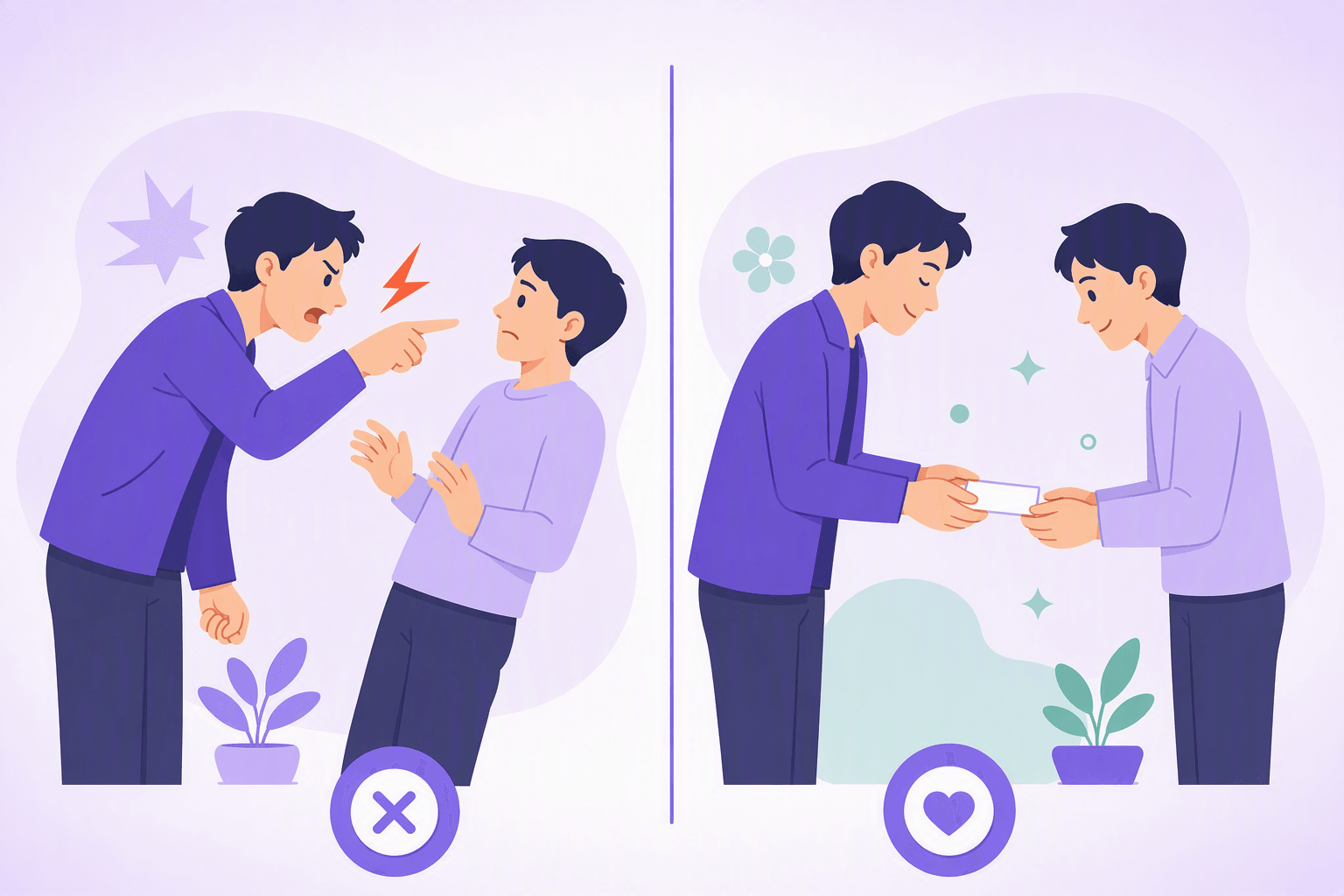 Ilustração lado a lado: à esquerda, um homem aponta um dedo a outra pessoa durante uma discussão; à direita, os mesmos dois trocam um cartão de nome em branco com uma pequena vénia, mostrando a diferença entre um pronome direto e usar o nome de alguém