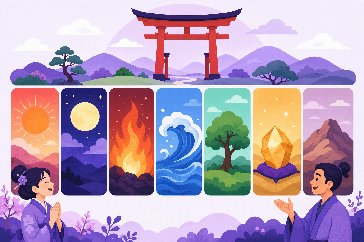 Flat-vector scene showing a Sunday-first seven-day Japanese week through icons of the Sun, Moon, fire, water, tree, gold, and earth, with a torii gate and landscape background.