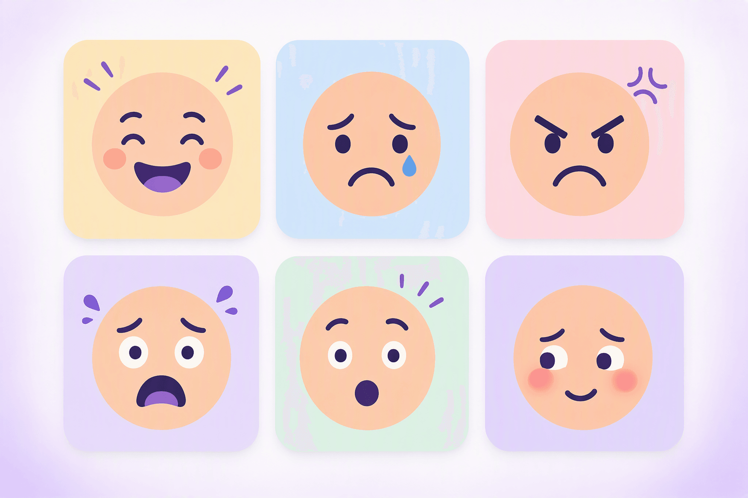 A grid of six simple faces showing joy, sadness with a tear, anger, fear, surprise and blushing shyness, each on a differently tinted pastel card