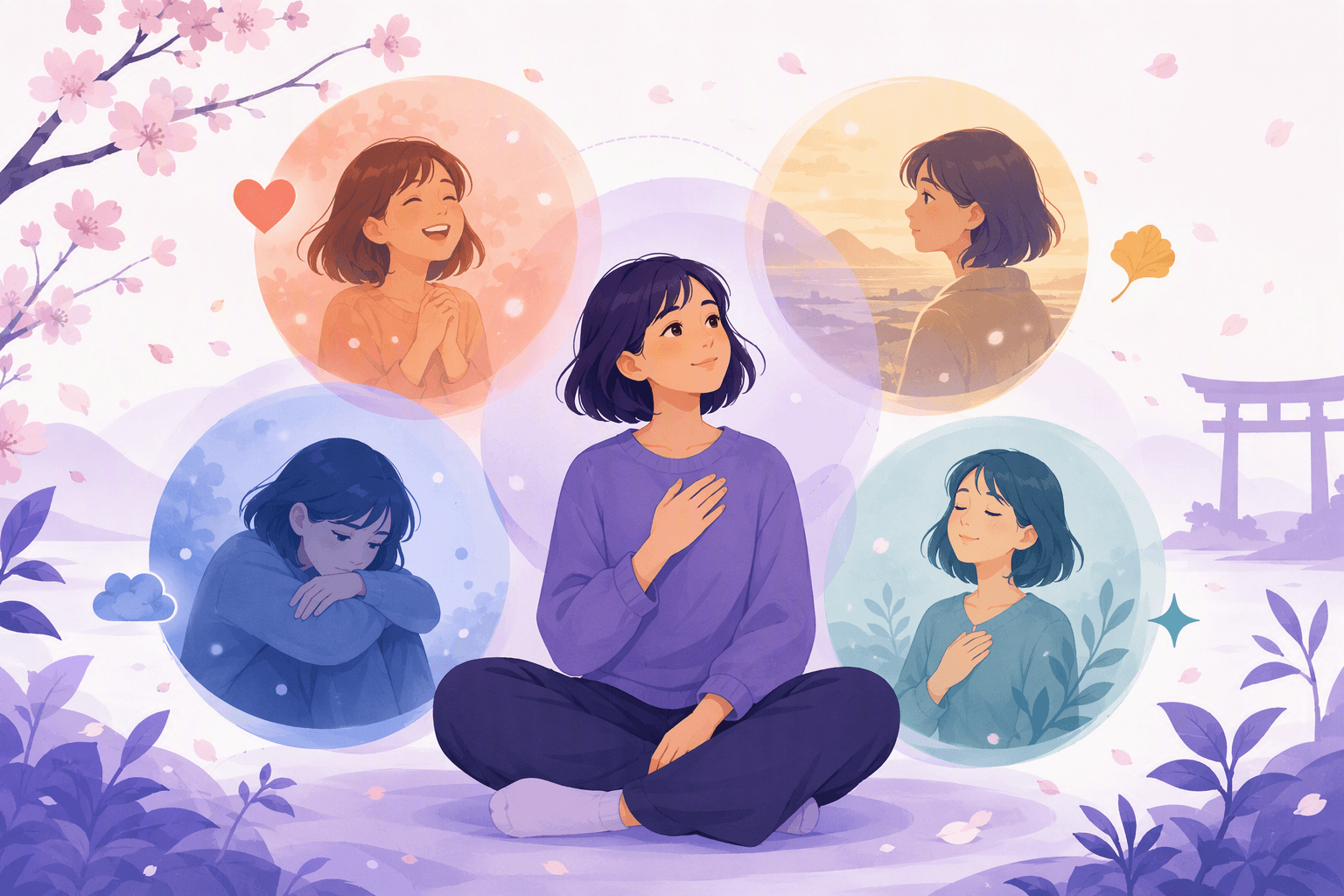 A person sitting calmly surrounded by soft colored circles showing joy, sadness, nostalgia and calm, with cherry blossoms and a distant torii gate