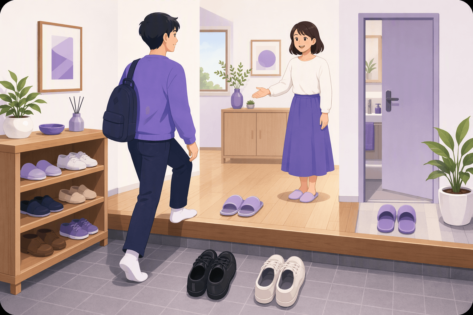 Pintu masuk genkan dengan sepatu luar tersusun rapi di lantai berubin bawah, sandal rumah menunggu di lantai kayu yang ditinggikan, seorang tamu melangkah naik dengan kaus kaki, dan sepasang sandal kamar mandi terpisah di dekat pintu toilet