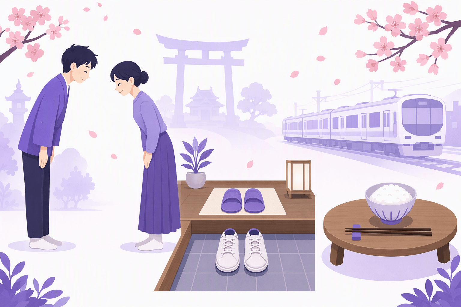 Dua orang bertukar sapaan bungkuk yang sopan di samping pintu masuk genkan dengan sepatu dan sandal, sebuah meja rendah yang tertata dengan mangkuk nasi dan sumpit di atas sandaran, serta sebuah gerbang kuil dan kereta komuter di latar belakang