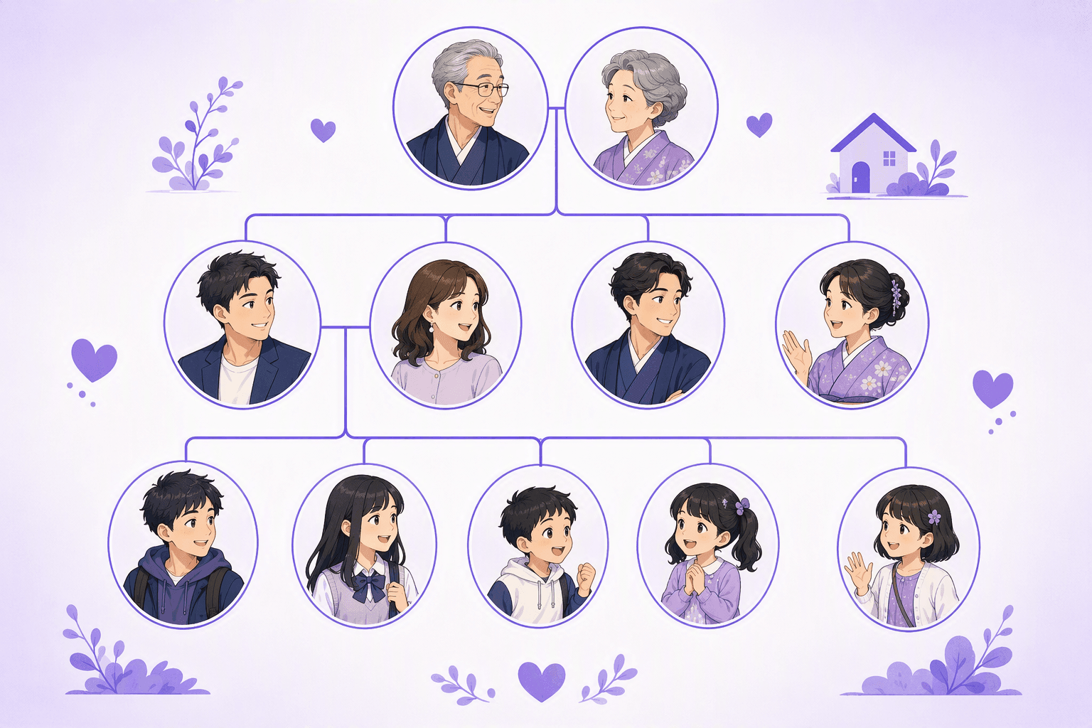 Family tree diagram of circular portraits linked by lines: grandparents at the top, parents with an uncle and an aunt in the middle, and children with a cousin at the bottom