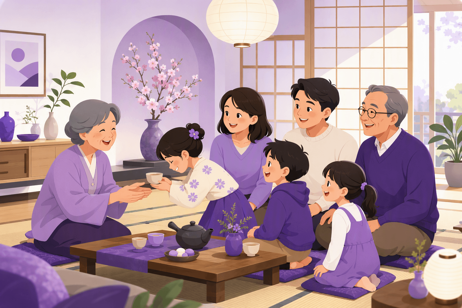 Three generations of a Japanese family sitting together around a low table, a child offering a cup of tea to the grandmother