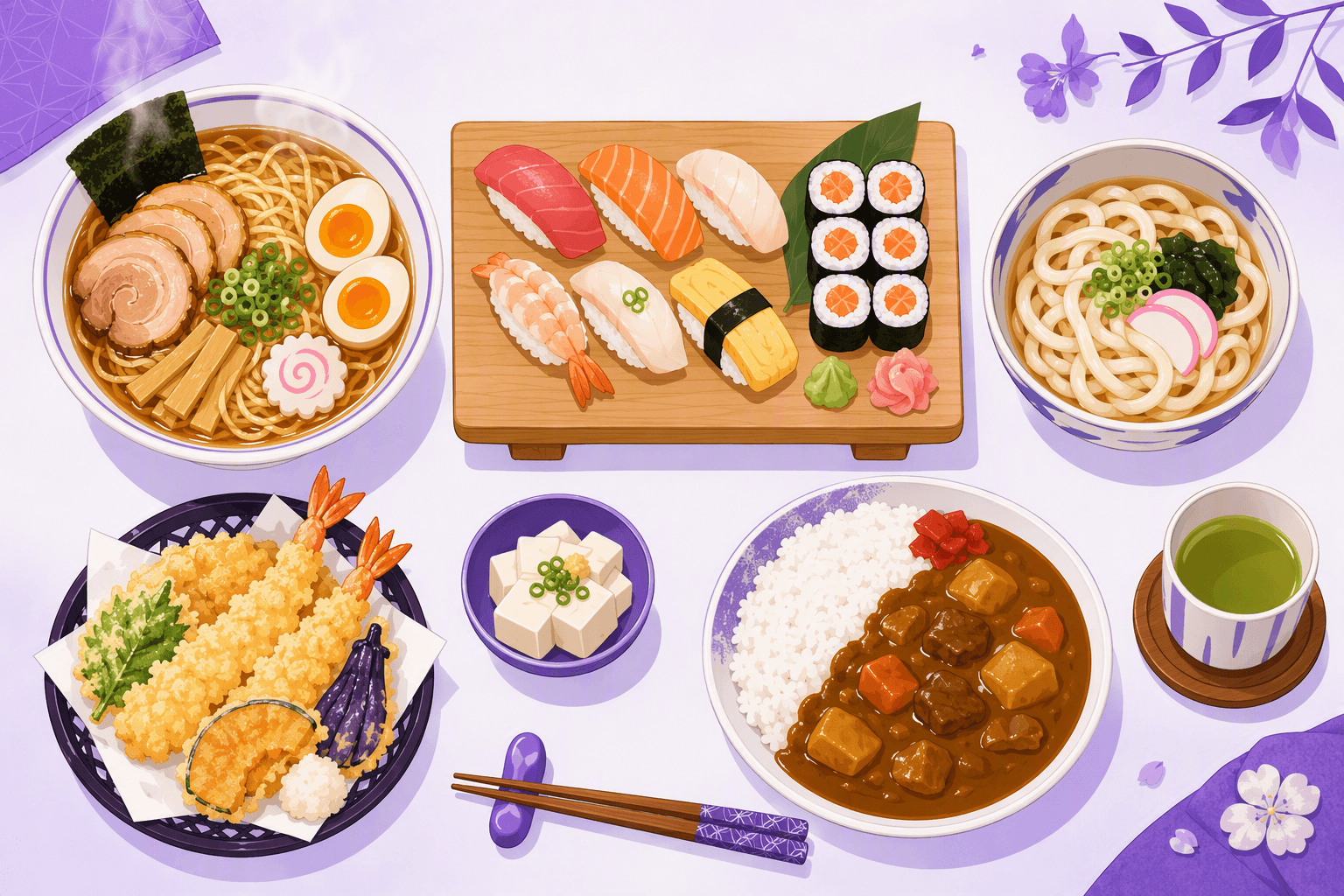 Top-down illustration of Japanese dishes side by side: a bowl of ramen with pork and egg, a board of nigiri sushi and rolls, a bowl of udon, a plate of tempura, cubed tofu, curry rice and a cup of green tea