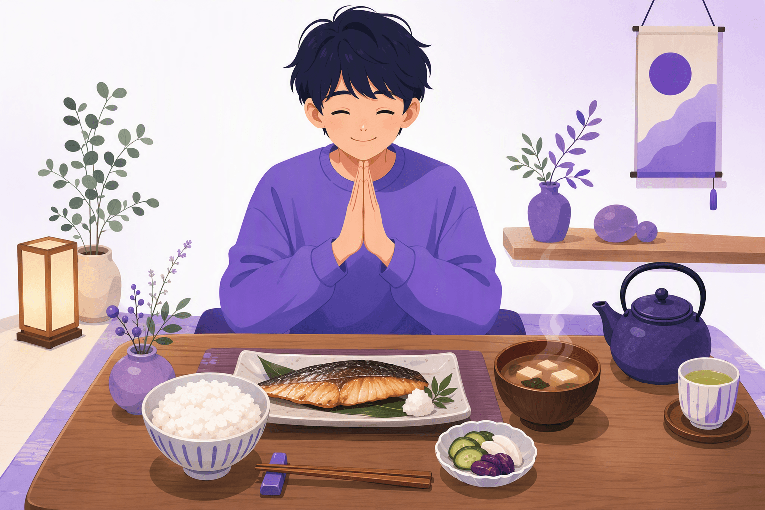 A traditional Japanese meal set on a low wooden table with a bowl of rice, miso soup, grilled fish, pickles, chopsticks and green tea, while a person presses their hands together before eating