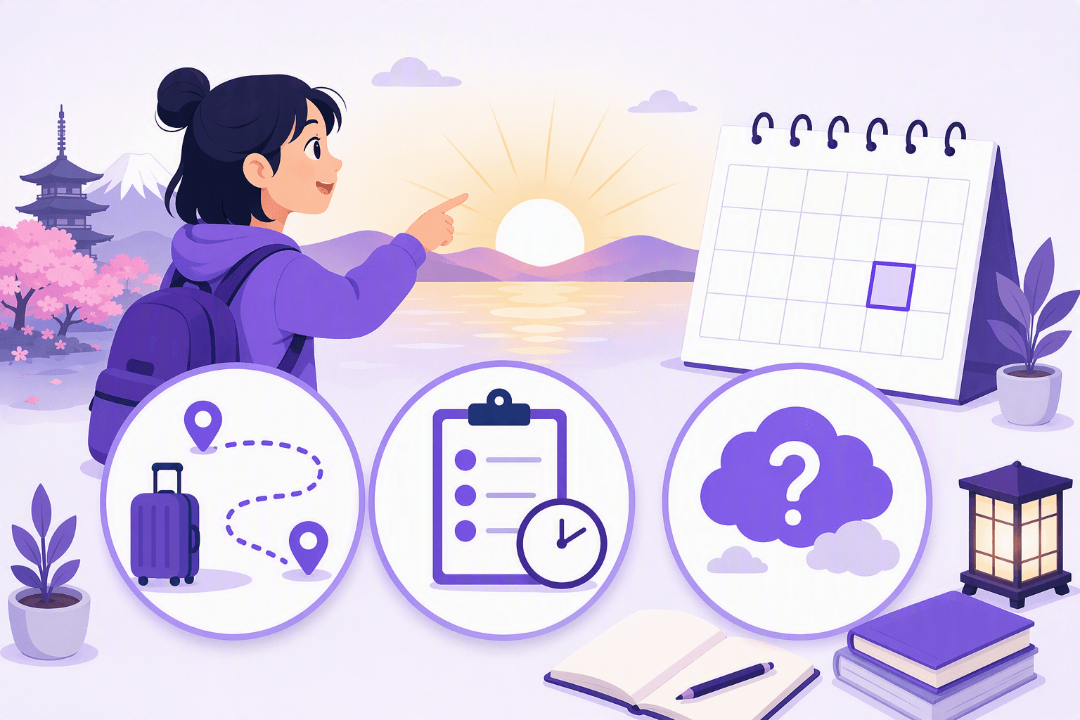 Flat-vector illustration of a learner indicating tomorrow on a blank calendar, accompanied by symbols for a planned trip, a scheduled task, and an uncertain prediction.