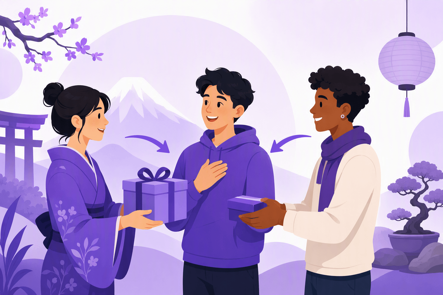Flat-vector illustration of three people demonstrating giving and receiving relationships through wrapped gifts and directional arrows, with a central learner and a nearby in-group member.