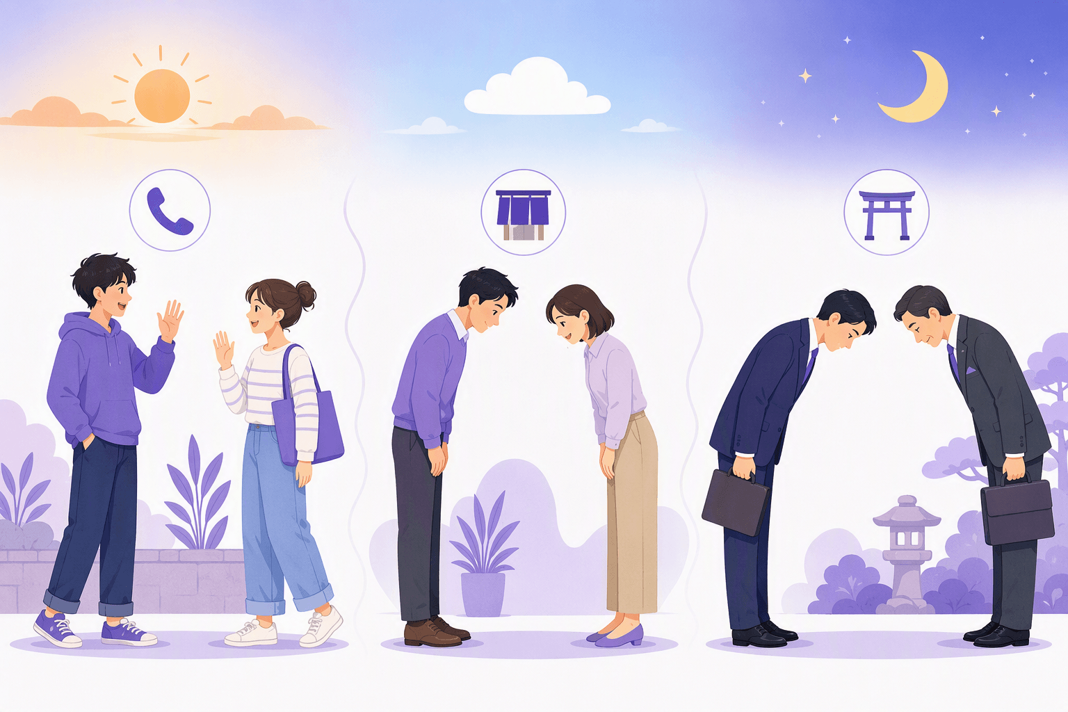 Three Japanese greeting levels side by side: friends waving casually in the morning, coworkers exchanging a small polite bow at midday, and business partners bowing deeply in the evening