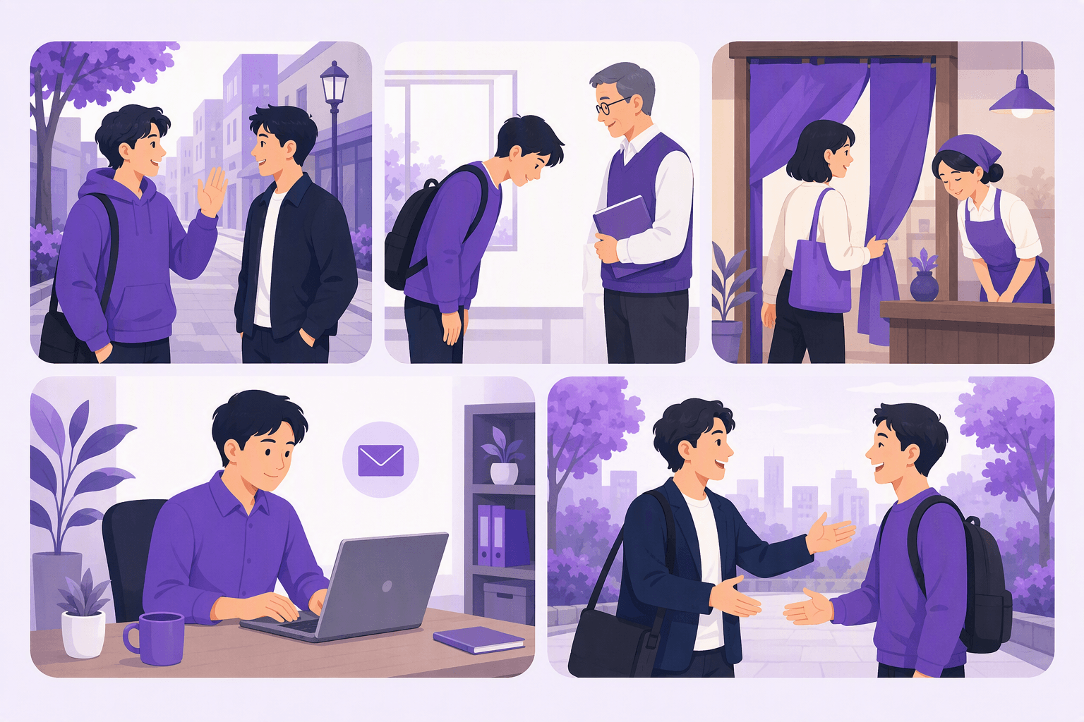Five greeting situations: friends meeting on the street, a student bowing to a teacher, a customer entering a shop where staff bow in welcome, an office worker writing an email at a laptop, and two colleagues reuniting after a long time