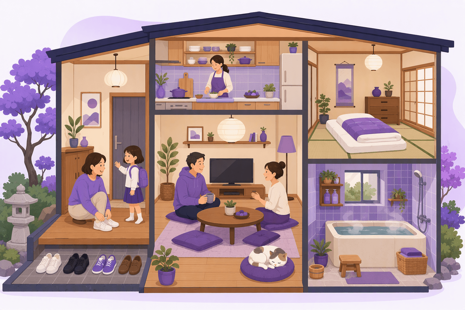 Flat-vector cutaway illustration of a Japanese home featuring a shoe-removal entrance, furnished living room, tatami bedroom with futon, kitchen, and bathroom with a soaking tub.