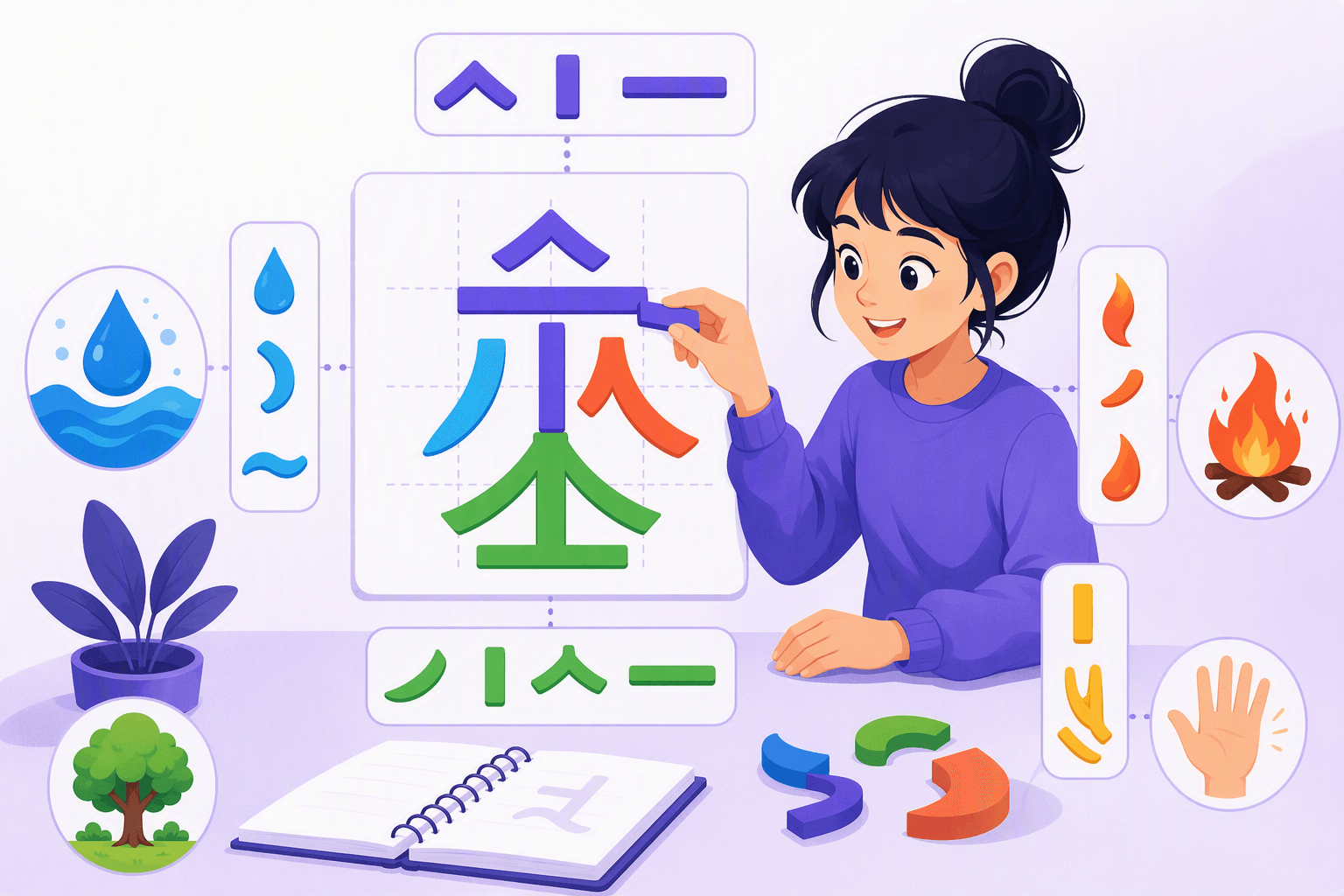 Flat-vector illustration of a learner organizing recurring kanji components by their left, right, top, bottom, and enclosing positions while using water, fire, tree, and hand symbols as visual meaning clues.