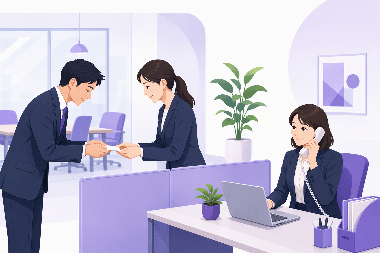 Colleagues in a Japanese office exchanging a business card with both hands while another employee takes a call at her desk