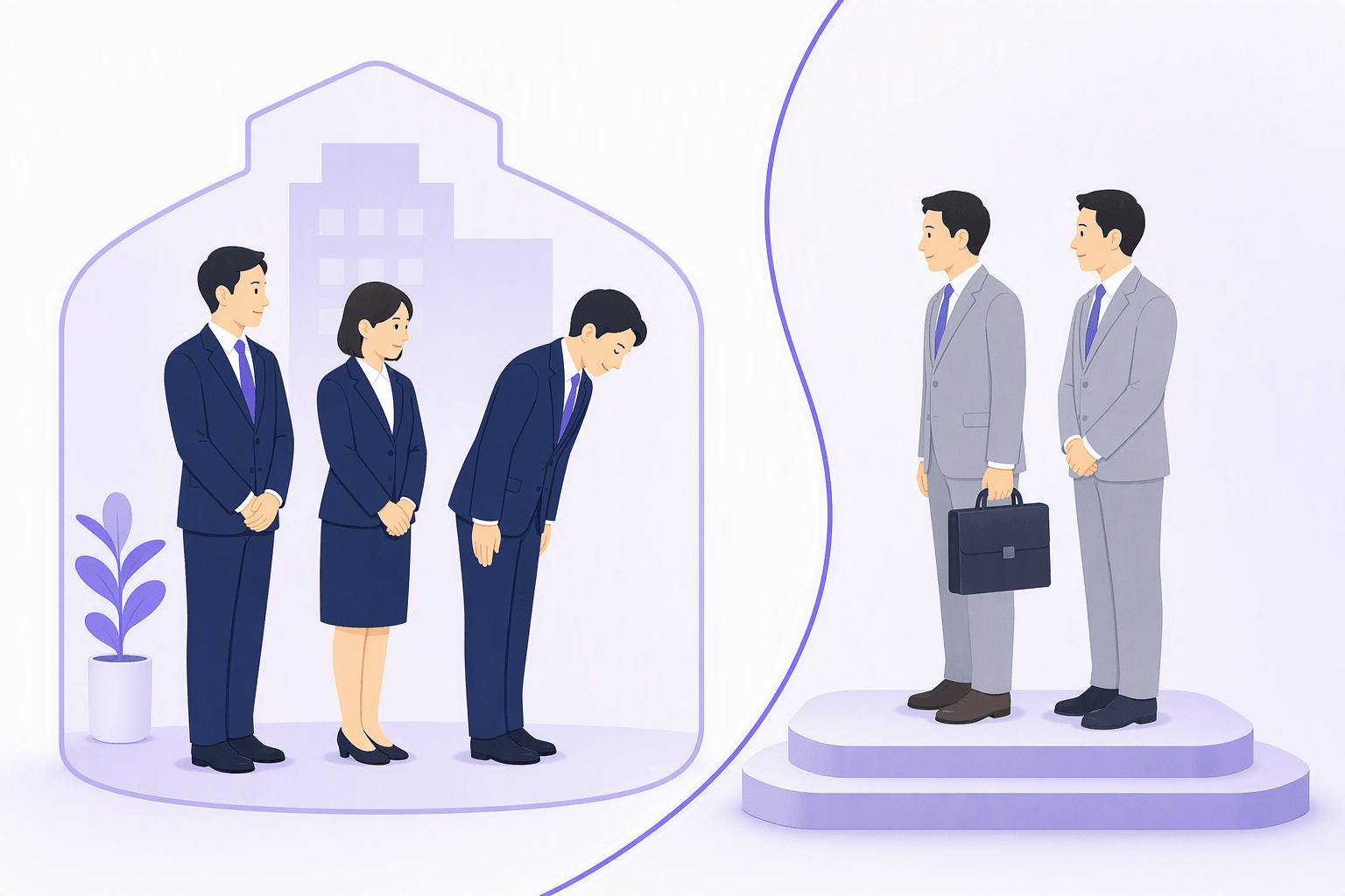 Employees of one company grouped inside a building outline bowing toward two visiting clients standing outside it on a raised platform