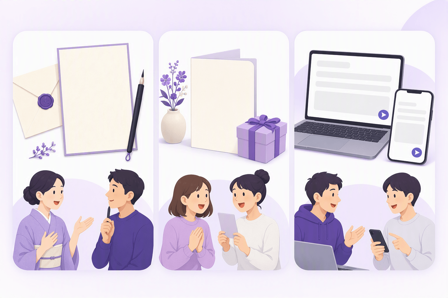 The three Japanese letter formats side by side: a handwritten formal letter with envelope and pen, a casual card with a gift, and email on a laptop and phone