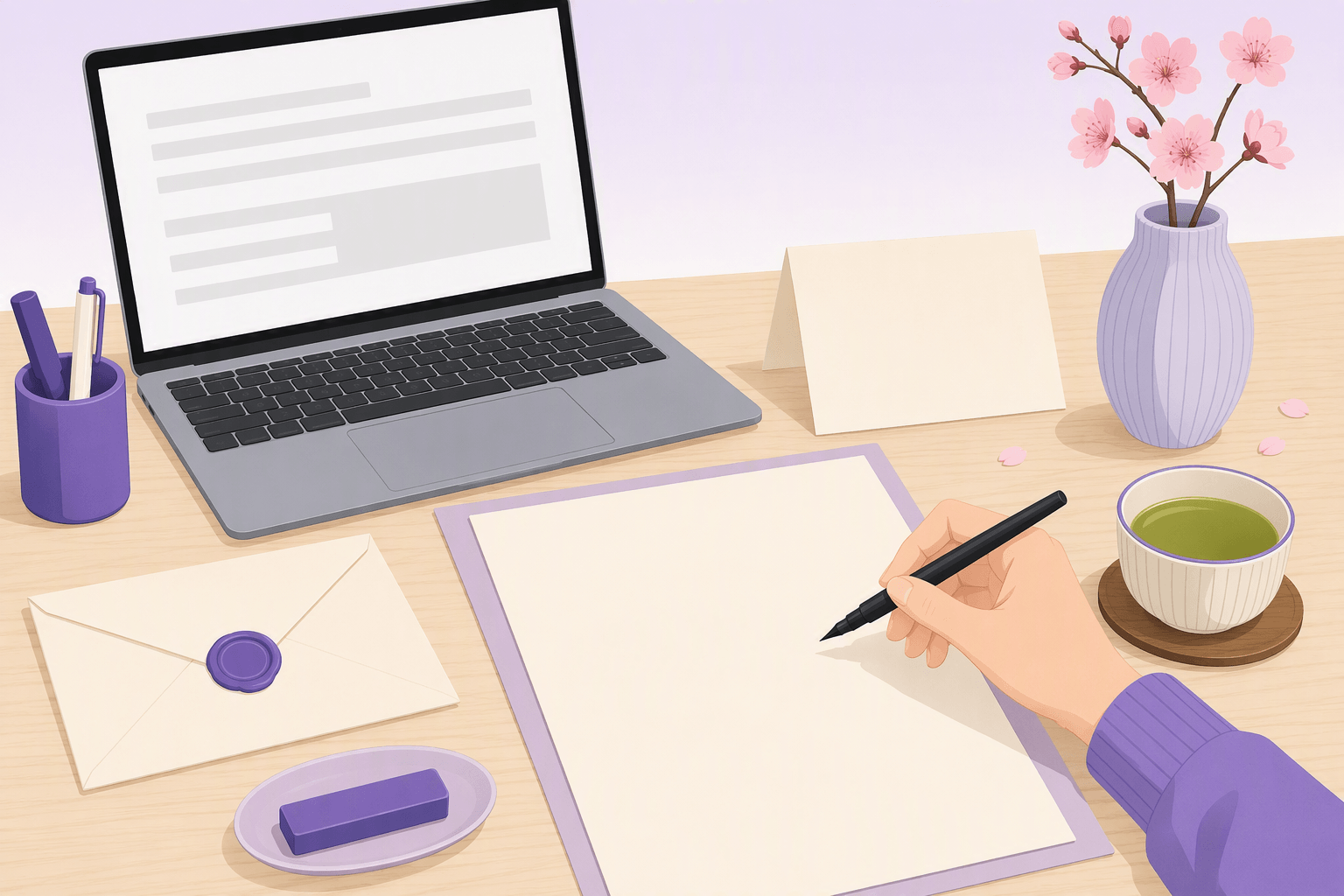 A writing desk with blank Japanese letter paper, a brush pen, a wax-sealed envelope, a folded card and a laptop showing an email draft
