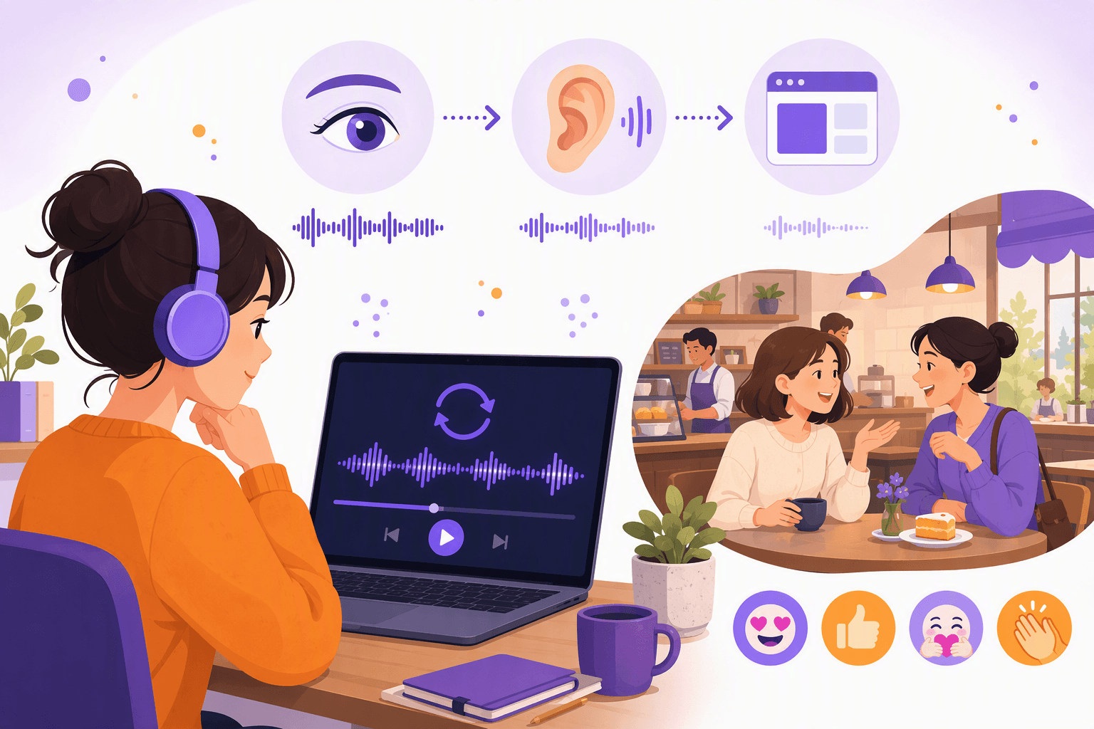 Flat-vector scene of a headphone-wearing learner repeatedly practicing a short Japanese audio clip on a laptop, moving through visual stages for overall meaning, sound details, and listening without subtitles, with rhythm bars and everyday reaction icons in a Japanese café setting.
