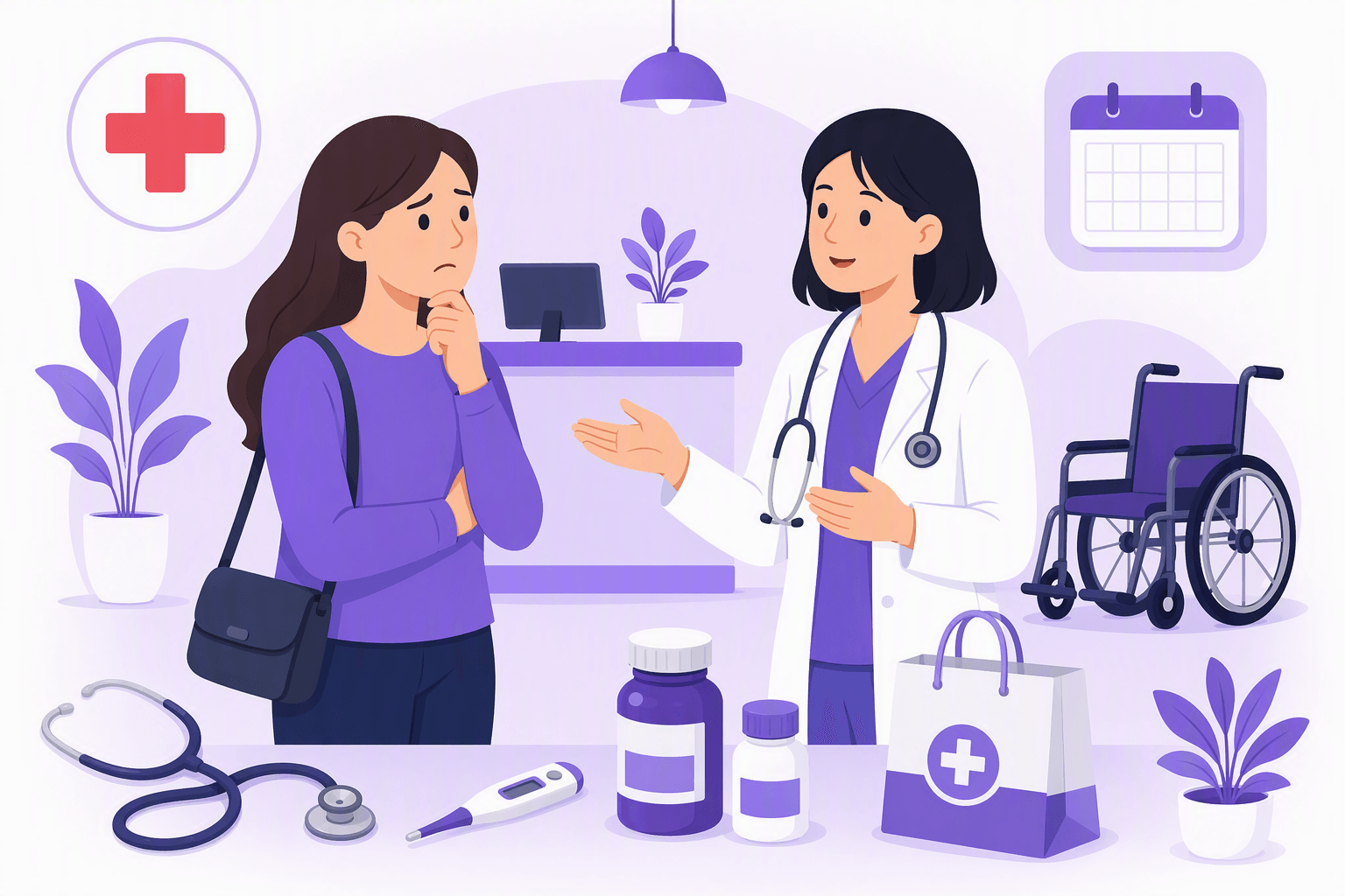 Flat-vector illustration of a patient speaking with a doctor in a Japanese clinic surrounded by medical examination tools, medicines, a pharmacy bag, an unmarked appointment calendar, a wheelchair, and a red emergency cross.