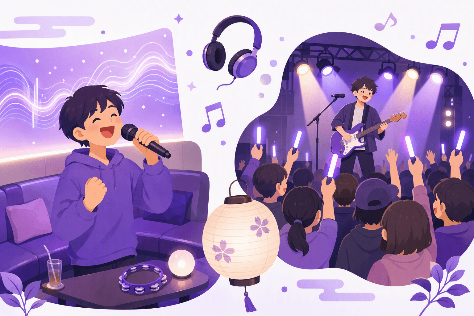 A singer holding a microphone in a karaoke booth beside a small live-house stage where fans wave glowing penlights, with floating musical notes and headphones