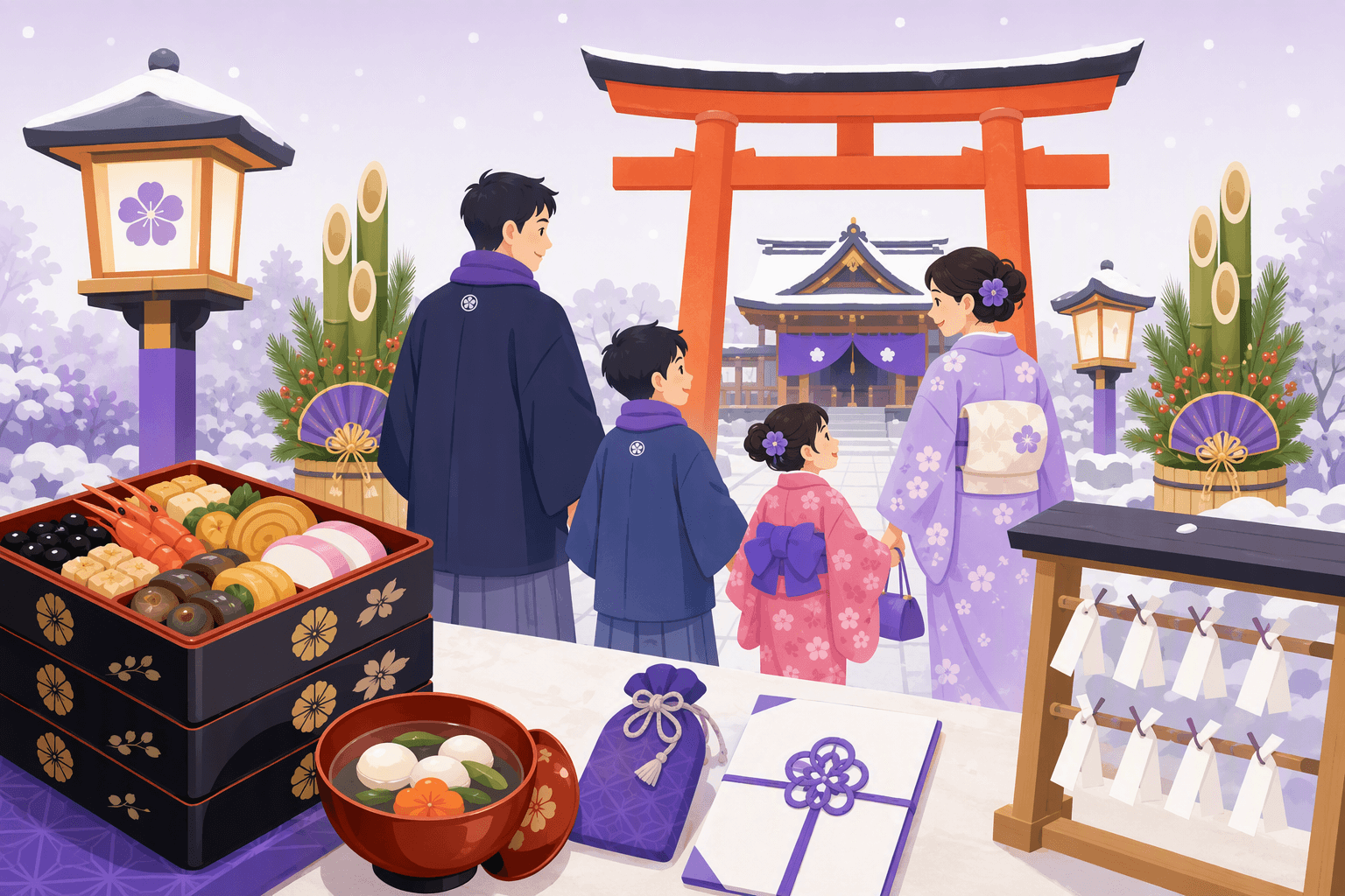 A family in kimono walking toward a shrine torii gate for hatsumode, with stacked osechi boxes, a bowl of ozoni soup, an omamori pouch and tied omikuji slips in the foreground
