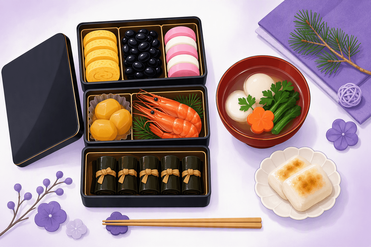 Stacked black lacquer osechi boxes filled with New Year dishes, beside a red bowl of ozoni soup with round mochi and a plate of grilled mochi