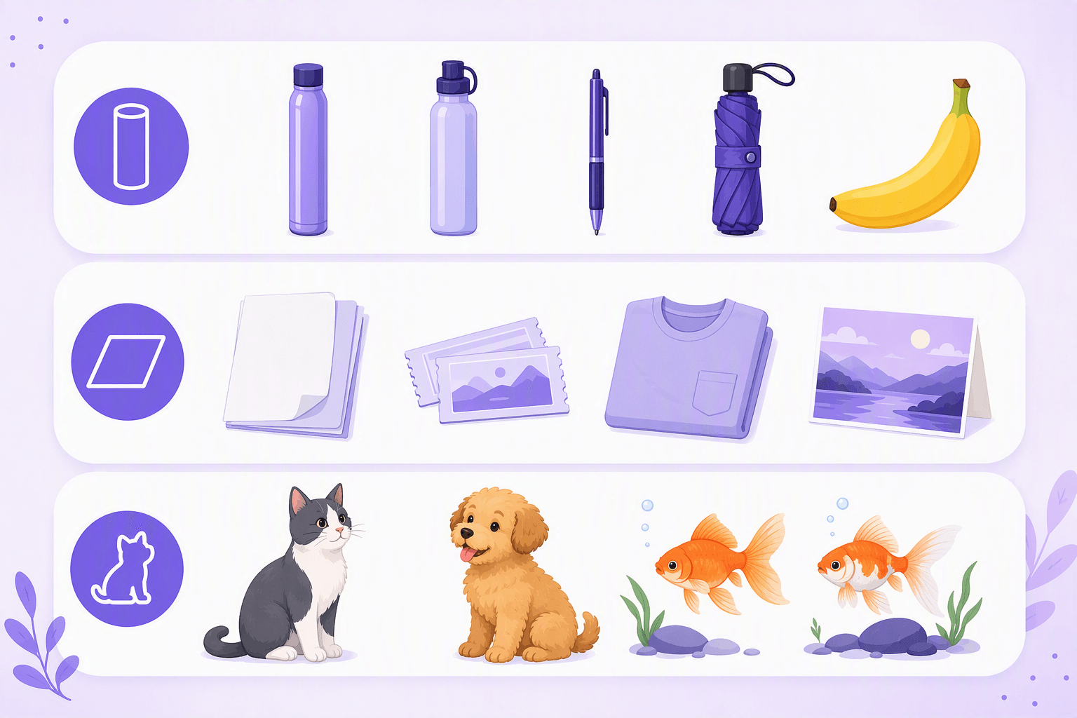 Three rows of grouped objects: long cylindrical items such as bottles, a pen, a rolled umbrella and a banana; flat items such as paper, tickets, a folded shirt and a postcard; and small animals including a cat, a dog and two goldfish