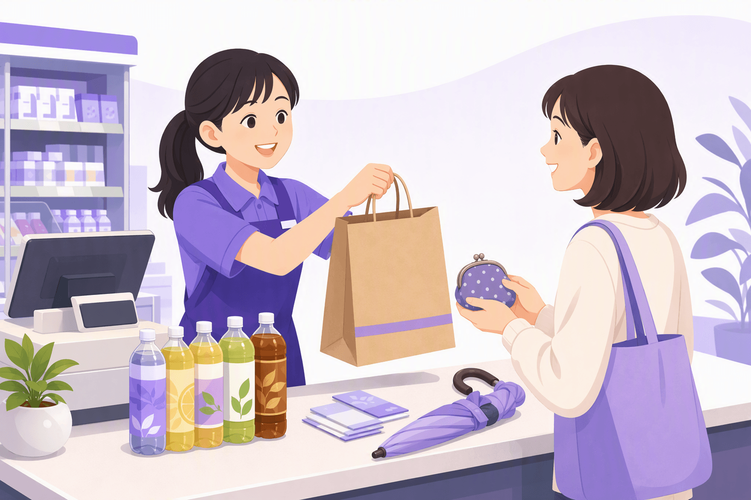 A shop clerk hands a paper bag to a customer at a Japanese convenience store counter, with drink bottles, flat cards and a folded umbrella on the counter