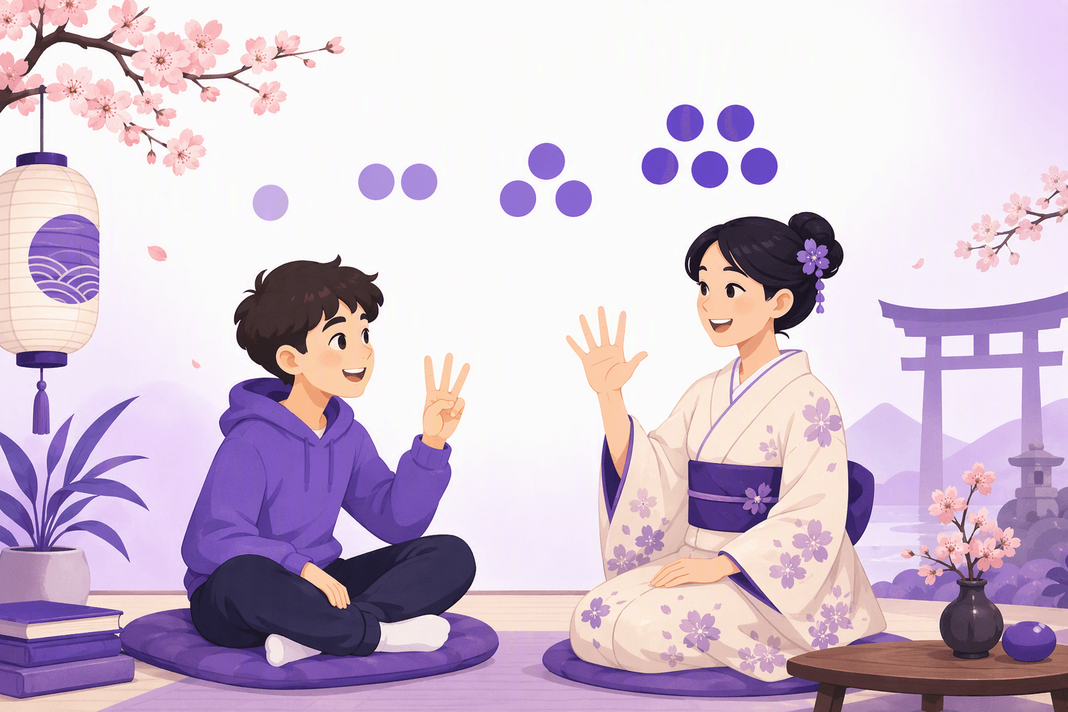 A learner and a Japanese teacher sitting face to face, counting on their fingers while clusters of dots show growing quantities