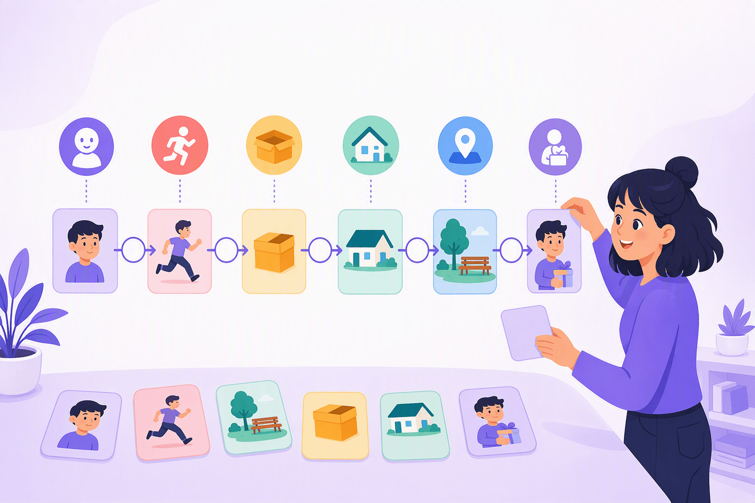 A learner arranges blank word cards and particle tokens along an arrow-connected sentence path surrounded by icons representing a person, action, object, destination, location, and possession.