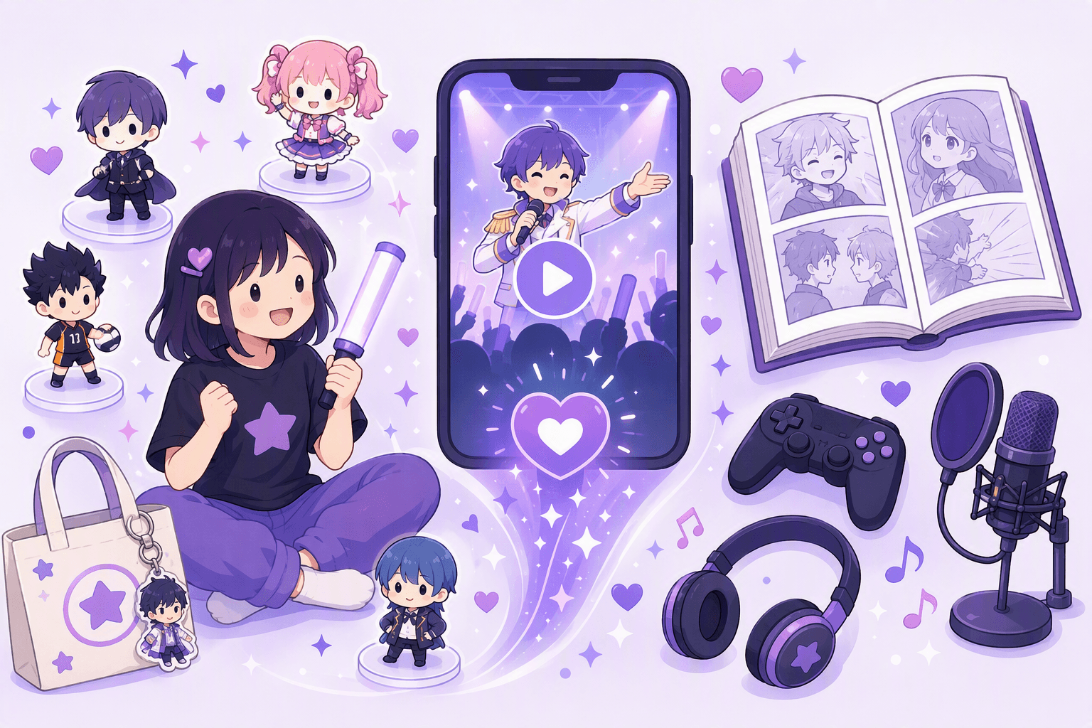 A Japanese pop culture fan surrounded by acrylic stands, merch, a livestream on a phone, a manga volume, a game controller and streaming gear