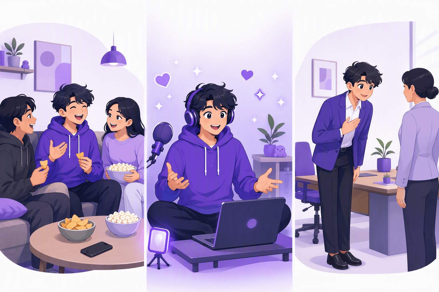The same speaker in three settings: joking with friends on a sofa, streaming online with headphones, and greeting a colleague politely in an office